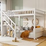 Kinderbett 90 x 200 cm mit Sicherheitstreppe, Hochbett für 1 Sitzer, Massivholz, mit Stauraum und kleinem Schrank, Kombibett für Kinder, multifunktional, mit Fallschutz (weiß, 140 x 200 cm)