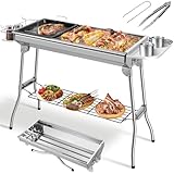 Holzkohlegrill XXL,118 * 33 * 72cm, Klappgrill, Campinggrill, Picknickgrill, aus Edelstahl, Grill mit Antihaft-Pfanne, Aufbewahrungskorb & Aufbewahrungsplatte, für 5-10 Personen, Komplettes Zubehör