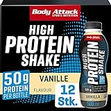 Body Attack High Protein Shake, Vanilla 12 x 500ml, 50g Protein, kalorienarmer Fitness Shake für den Muskelaufbau - Milch-Eiweiß, Fertigdrink für unterwegs, in 500ml Flasche, Made in Germany
