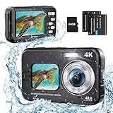 Unterwasserkamera, HICSHON 4K wasserdichte Digitalkamera 48MP Autofocus Kompaktkamera mit 64G Speicherkarte Selfie Dual Bildschirme mit 16X Digitalzoom, Unterwasserkamera für Kinder/Anfänger (Schwarz)