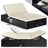 Casaria® Sonnenliege 2 Personen mit Klapptisch 7cm Auflagen Wetterfest Gartenliege 400kg Belastbar Liegestuhl Verstellbar Schwarz Creme 200x115cm