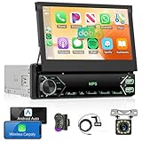 Wireless Carplay Autoradio 1 Din mit DAB+/DAB Adapter Android Auto 7 Zoll Ausfahrbares Bildschirm Autoradio mit Mirror Link Bluetooth FM Radio DAB/USB/AUX Lenkradsteuerung Rückfahrkamera