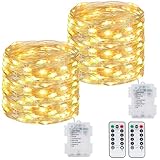 kolpop 2 Stück Lichterkette Batterie, 12M 120 LED Lichterkette mit Fernbedienung und Timer, Wasserdicht 8 Modi Lichterkette Draht für Außen Innen Party Hochzeit Weihnachtsbaum Deko, Warmweiß