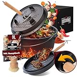 GUSSKÖNIG Dutch Oven Set - Eingebrannter Dutch Oven 9 Liter - Feuertopf Gusseisen mit Füßen - Schmortopf Doppelfunktion - inkl. 2in1 Deckelheber, Bürste & DutchOven Rezeptbuch [für 4-7 Personen]