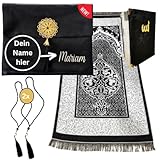 Luminoza Gebetsteppich mit Namen schwarz Islam Geschenkset mit Gebetskette und Tasche to go | Muslimische Ramadan | Dekoration Islam | Islamische Geschenke | Prayer mat
