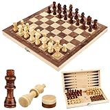 Schachspiel, 3 in 1 Schachbrett Holz Hochwertig Schach Dame Backgammon, Tragbares und Faltbares Chess Board Set, Schachspiel Klappbar für Kinder Erwachsene Party Reisen - 29x29cm