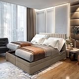 TRADA ADÈLE Erwachsenenbett – Set Matratze + Lattenrost, elektrische Entspannung, mit Matratze Taschenfedern, Aufbewahrung und Topper aus Veloursstoff (Beige, 180 x 200)