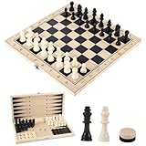 Schachspiel, 3 in 1 Schachbrett Holz Klappbare Hochwertig Schach Dame Backgammon, Tragbares Schachset für Kinder und Erwachsene Familie Party Reisen (29x29cm)