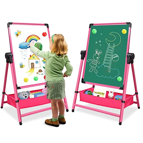HOMCENT Kinderstaffelei Whiteboard Tafel Doppelseitige Staffelei, 360 ° drehbare Stehstaffelei für Kinder (Rosa)