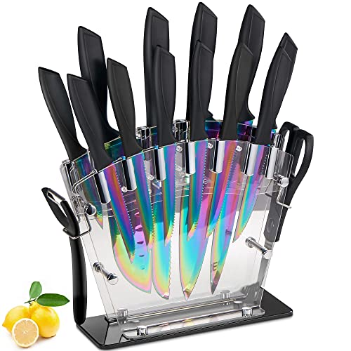 Messerblock, 16-tlg Messer Set, Titanbeschichtung Antihaft Beschichtung Messer, Kein Rost, Scharf Edelstahl Kochmesser Set mit Acryl Messerhalter für Küchen, Regenbogen Messer