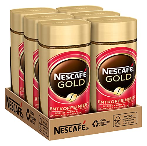 NESCAFÉ GOLD Entkoffeiniert, löslicher Bohnenkaffee aus erlesenen Kaffeebohnen, ohne Koffein, vollmundig & aromatisch, 6er Pack (6 x 100g)