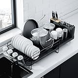 Kitsure Abtropfgestell Geschirr, Ausziehbarer Geschirrspülständer, Multifunktionaler Abtropfgestell und Geschirrabtropfgestell, Geschirr Abtropfständer mit Besteck, 67.8 x 32.7 x 14.9 cm, Schwarz