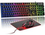 Rewurnth Gaming Tastatur und Maus Set, DE Layout, RGB Hintergrundbeleuchtete Kabelgebundene Tastatur, Ergonomische 4 Farbige LED Gaming Maus, Großes Mauspad, USB Plug & Play für PC, Mac, PS4, Xbox