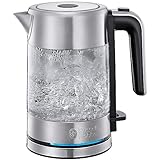 Russell Hobbs Wasserkocher Glas & Edelstahl klein [0,8l] Compact (2200W, blaue LED Beleuchtung, herausnehmbarer Kalkfilter, kleiner Reisewasserkocher) Teekocher 24190-70