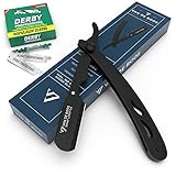 Van De Boos® Rasiermesser-Set mit 100 Derby Wechselklingen - Hochwertiges Edelstahl Barber Bartmesser mit extra scharfen Klingen - Barbier Rasier Messer für präzise Bart-Nassrasur (Herren)