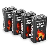 ABSINA Rauchmelder Batterie 9V Block - 4er Pack Alkaline langlebig & auslaufsicher - Blockbatterien für Feuermelder, Bewegungsmelder, Kohlenmonoxid, Warnmelder & Rauchwarnmelder