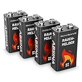 ABSINA Rauchmelder Batterie 9V Block - 4er Pack Alkaline 9V Block Batterien langlebig & auslaufsicher - Blockbatterien für Feuermelder, Bewegungsmelder, Kohlenmonoxid, Warnmelder & Rauchwarnmelder