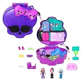Polly Pocket Monster High Spielset mit 3 kleinen Puppen und 10 Zubehörteilen, Schulwelt im Inneren, tragbares Reisespielzeug mit Aufbewahrungsmöglichkeit, HVV58