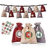 Naler 24 x Jutesäckchen Adventskalender Stoffbeutel mit Zahlen Aufkleber Jute Beutel Natur Säckchen Geschenksäckchen für Weihnachten - Rot/Natur/Grau