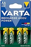 VARTA Batterien AA, wiederaufladbar, 4 Stück, Recharge Accu Power, Akku, 2400 mAh Ni-MH, ohne Memory Effekt, vorgeladen, sofort einsatzbereit