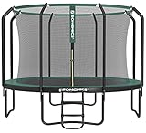 SONGMICS Trampolin Outdoor Ø 305 cm, Gartentrampolin für Kinder mit Sicherheitsnetz, 180 cm hohe Stangen, Randabdeckung, Leiter, Stahlrahmen, schwarz-dunkelgrün STR103C01
