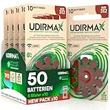 50 Batterien für Hörgeräte PR41 Größe 312 (Braun) Udirmax Zink-Luft 0% Quecksilber 145V mit Dynamic Sonar Technologie Öko-Pack - 5 umweltfreundliche Blisterpackungen mit 10 Hörgerätebatterien