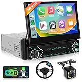 Single-Din-DAB+-Autoradio mit kabellosem CarPlay Android Auto, 7-Zoll-Radio mit automatisch einziehbarem Bildschirm, 1-DIN-Radio BT/Lenkradsteuerung/Mirror Link/EQ/USB-C+Rückfahrkamera