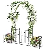 FANTASK Rosenbogen mit Tür, Gartenbogen Metall, Torbogen mit 2 Pflanzgefäßen, Rankbogen für Kletterpflanzen