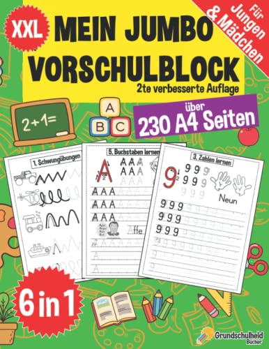 Mein Jumbo Vorschulblock: Spielend einfach Zahlen und Buchstaben lernen plus Schwungübungen - A4 Vorschule Übungshefte ab 5 Jahre für Junge und ... - auch für Kindergarten und Schule, Band 1)