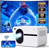 Mini Beamer, Full HD 1080P Projektor 4K Unterstützt, 5G WiFi Bluetooth Projector, 15000 Lumens Heimkino Projector, 30-200 Zoll Projektionsgröße Kompatibel mit iOS/Android/Laptop/HDMI/USB(Weiß)