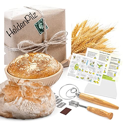 Set zum Brotbacken – knuspriges Brot selber machen inkl. Gärkorb, Teigkarte, Teigrührer, Bäckermesser + Rezept und Anleitung für Sauerteigbrot (Brotbackset)