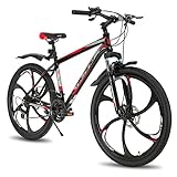 Hiland 26 Zoll Mountainbike MTB mit Aluminiumrahmen Scheibenbremse Federgabel 6 Speichenräder für Jugendliche Fahrrad Herren Damen Jungen Mädchen Schwarz Rot