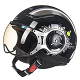 3/4 Helme Für Erwachsene Motorrad, Halber Retro Fahrradhelm Für Männer Frauen, Elektromotorrad Jethelm DOT/ECE, Sommer Scooter Moped ATV UTV Helm,Bright Black s2,L