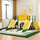 7 in 1 Kinder Rutsche ab 3-6 Jahre für Indoor und Outdoor, Kinder Spielplatz mit Basketballkorb, Klettern, Spielgang, Bohrspiel und Stauraum, Gartenrutsche, Schaukelgerüst, Kinderschaukel