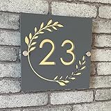 Personalisiertes, quadratisches Acryl-Hausnummernschild für Zuhause, Hotel, moderne nordische Wandkunst, Acryl, lasergeschnitten, individuelles Schild, Outdoor-Hausnummernschild (Grau + Gold, 20 x 20