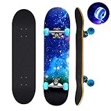 Komplettes Skateboard, 78,7 x 20,3 cm, 9 Schichten kanadisches Ahornholz, Deck-Skateboard mit bunten blinkenden Rädern für Kinder, Jugendliche und Erwachsene (Blau)