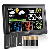 BALDR Wetterstation Funk mit 3 Außensensoren Innen Außen Digital Thermometer Hygrometer Feuchtigkeit mit Wettervorhersage, DCF Farbbildschirm