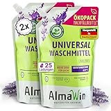 AlmaWin® Universal Bio Waschmittel flüssig 2x1,5L - 50 Ladungen mit Lavendelduft - Flüssigwaschmittel für strahlende Reinheit ab 30°C - Laundry detergent VEGAN im Öko-Pack Nachfüllbeutel