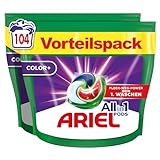 Ariel Waschmittel Pods All-in-1, Color+ Flüssigwaschmittel, 104 (2x52) Waschladungen, Kraftvolle Fleckenentfernung In Nur 1 Waschgang