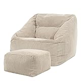 Icon Riesen Sitzsack Sessel „Morgan“ mit Hocker, Beige, Cord XXL Sitzsack Erwachsene mit Füllung für das Wohnzimmer, Riesensitzsack XXL Flauschig Cord