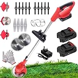 TWZ Akku-Rasentrimmer für den Garten mit 2 Akkus und 16 Klingen, 3-in-1-Elektro-Rasentrimmer mit 3 Arten auswechselbarer Klingen, zum Mähen, Kantenschneiden, Sägen von Rasen und Sträuchern