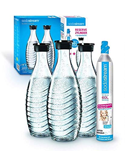 Soda Stream Reservepack Promopack Zylinder mit Glaskaraffen (1 x CO2-Zylinder für 60L und 3 x 0,6L Glaskaraffe, für Crystal und Penguin Wassersprudler, spülmaschinenfest)