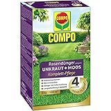 COMPO Rasendünger gegen Unkraut+Moos Komplett-Pflege, Rasendünger mit Unkrautvernichter / Moosvernichter, Dünger, 3 Monate Langzeitwirkung, Feingranulat, 3 kg, 100 m²