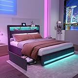 LONELYO Bett 140x200 mit Lattenrost, Doppelbett mit Stauraum, Polsterbett 140x200cm, LED-Beleuchtung, 4 Schubladen, USB- und Typ-C-Anschlüsse, Grauer Stoff, modernes Stauraumbett