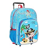 PERLETTI Kinder Rucksack Blau für Kindergarten Jungen 3 4 5 6 Jahre - Kinderrucksack mit Abnehmbaren Rädern für Kleinkinder - Pirat Dinosaurier Rollrucksack mit Reflektierenden Details (Pirat)