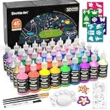 Shuttle Art Textilfarbe, 45 waschfeste 3D Stoffmalfarben, je 30ml, Stofffarben mit Pinsel, Vorlagen, 9 Metallic, 4 Glitzer Farben, für Kinder auf T-Shirt, Jeans, Schuhe, Tasche, Kleidung