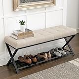 LUE BONA Schuhbank,Schuhbank mit Sitzfläche,Schuhschrank mit Sitzbank und Leinen Gepolstertem,Sitzbank Flur mit Metallrahmen für Eingangsbereich,Wohnzimmer,Flur,113 x 38 x 46 cm,Leinen