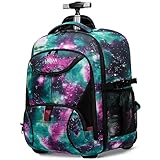 17.3 Zoll Schulranzen mit Rollen Schultrolley Wasserdicht Laptop Rucksack mit Rollen Groß Reiserucksack Trolley Laptoptasche Rucksack mit Trolleyfunktion Schultrolley für Studenten, Galaxie-Grün