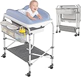 ATIVLB Baby Wickelkombi Klappbare Wickelkommode,Wickeltisch Mit Rollen,Mobiler Wickeltisch Mit Wickelauflage,Sicherheitsgurt Und AblagefäChern,Wasserdicht Und HöHenverstellbar,Stabil