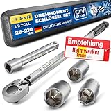 S&R Drehmomentschlüssel 28-210 Nm Set, 1/2' Drehmoment-Schlüssel 475 mm, Verlängerung 125 mm, 3 Stecknüsse 17, 19, 21 mm; Kfz Reifenschlüssel Auto TÜV geprüft GS bruchfest Nüsse